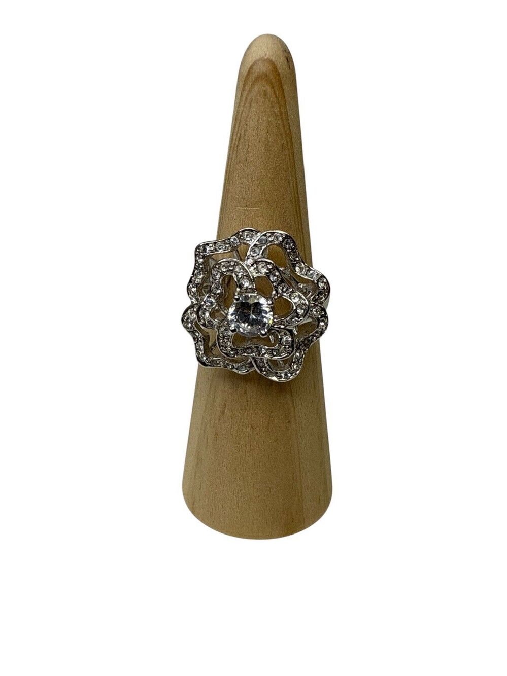 Nolan Miller Clear Crystal Rose Flower Cocktail Statement Ring Silver Tone - 9